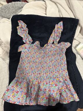 J. Crew Floral Liberty Fabric Smocked Top - White with Blue & Red Accents